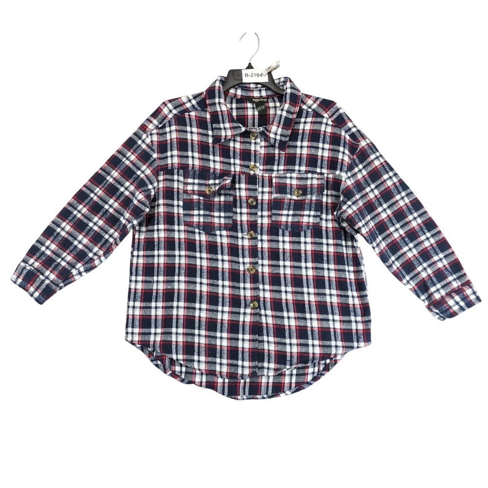 Vintage 90s Millenium Navy Plaid Flannel Shirt Womens L Cotton Pockets Grunge